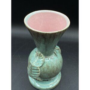Gonder Pottery Art Deco MCM Pink Inside & Turquoise E67 Vase 6 3/4”